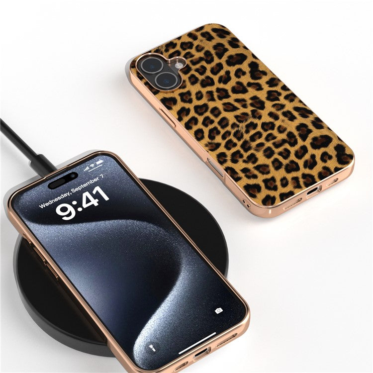For iPhone 16 Case Electroplating Leopard Pattern PU+TPU Phone Cover - Gold
