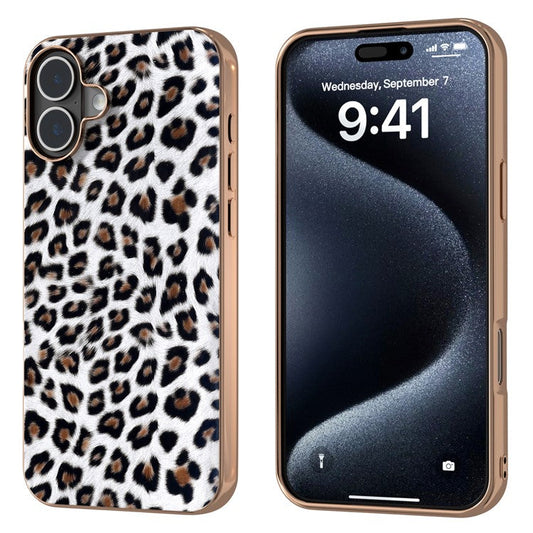 For iPhone 16 Plus Case Electroplating Leopard Pattern PU+TPU Phone Cover - Silver