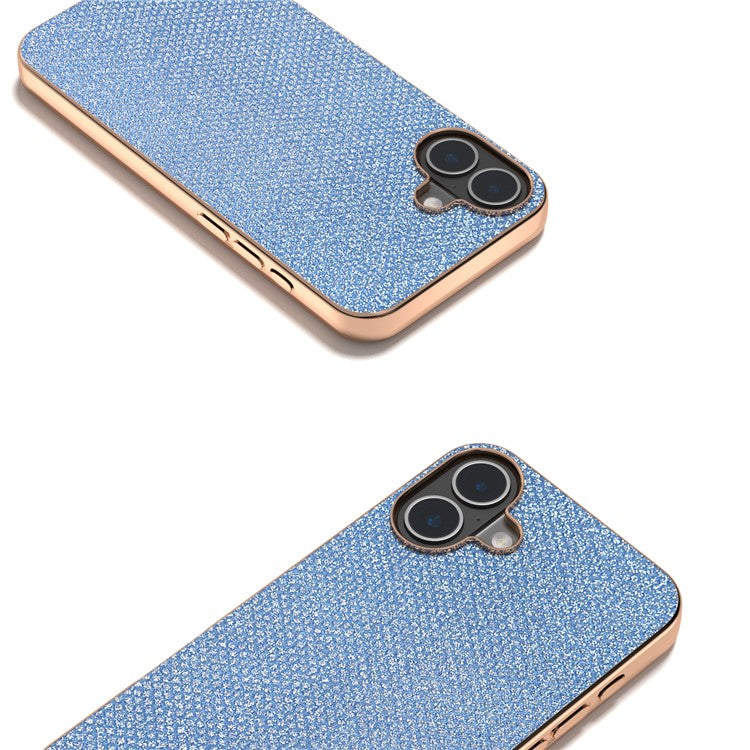 For iPhone 16 Case Rhinestone Texture PU+TPU Phone Cover Electroplating Edge - Blue