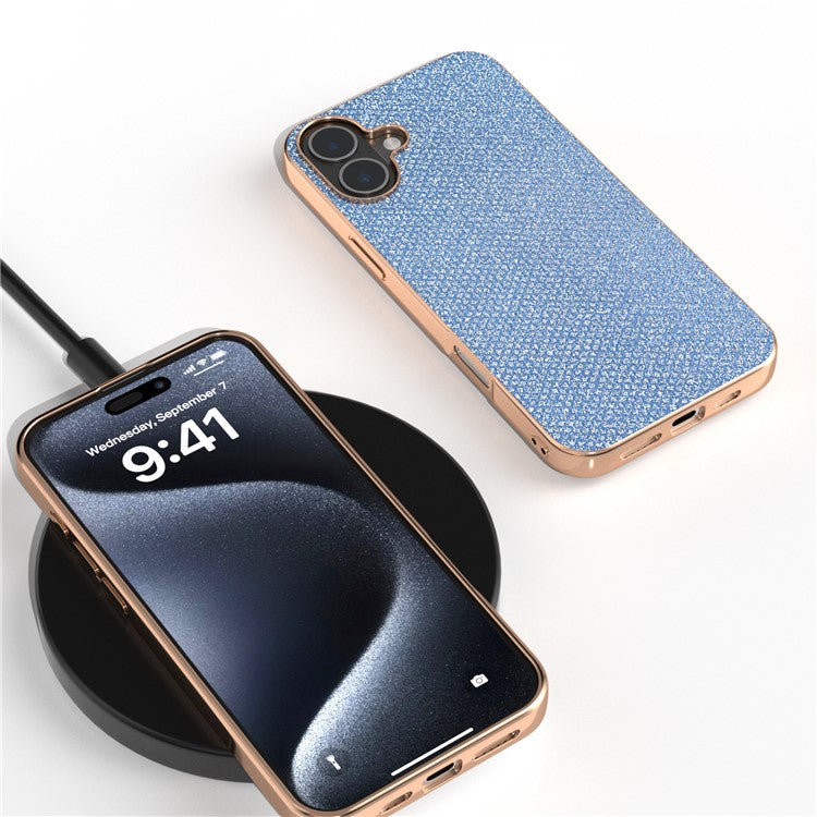 For iPhone 16 Case Rhinestone Texture PU+TPU Phone Cover Electroplating Edge - Blue