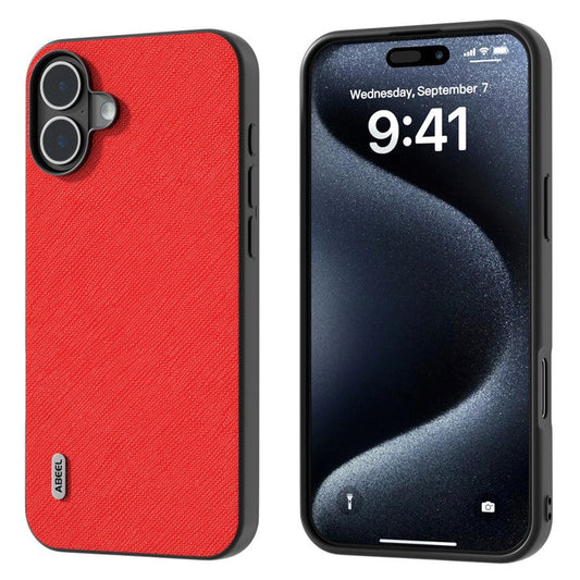 ABEEL For iPhone 16 Plus Case Cross Texture Genuine Cow Leather Hybrid Phone Case - Red