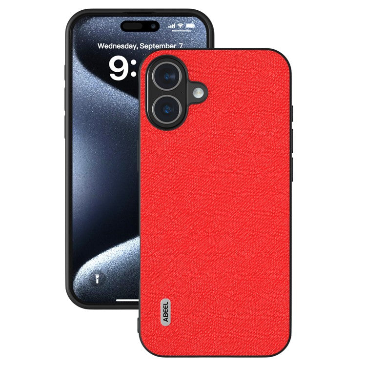 ABEEL For iPhone 16 Plus Case Cross Texture Genuine Cow Leather Hybrid Phone Case - Red