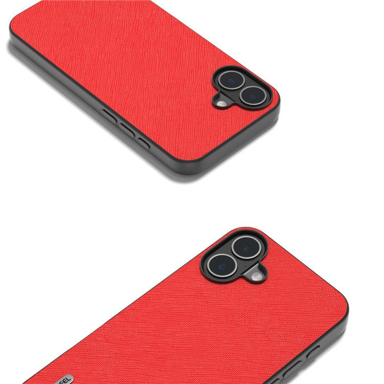 ABEEL For iPhone 16 Plus Case Cross Texture Genuine Cow Leather Hybrid Phone Case - Red
