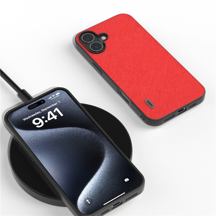 ABEEL For iPhone 16 Plus Case Cross Texture Genuine Cow Leather Hybrid Phone Case - Red