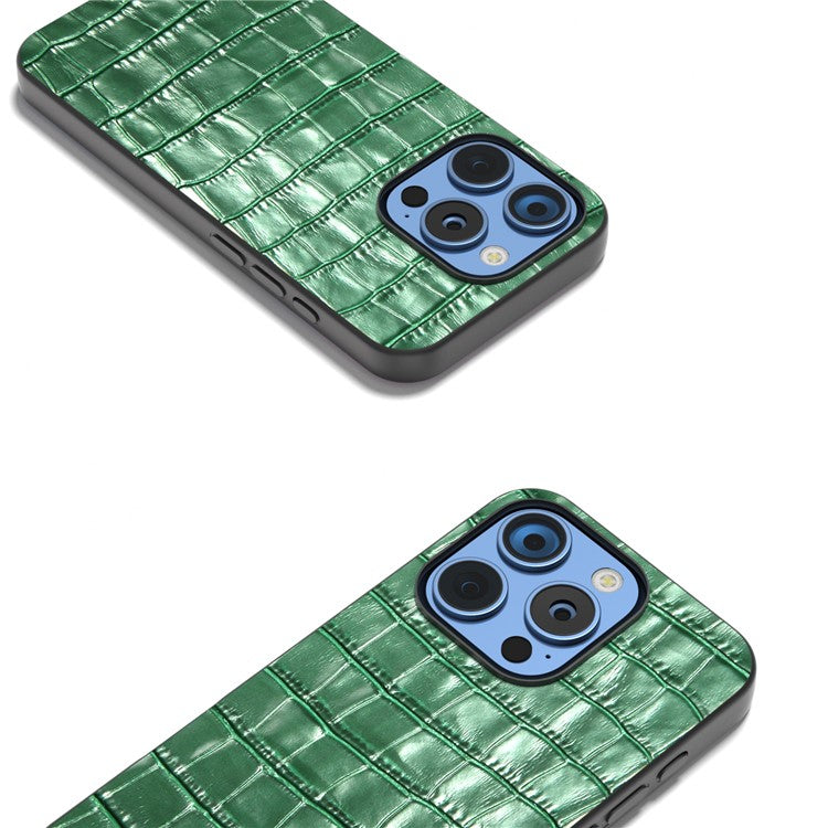 ABEEL For iPhone 16 Pro Cases Genuine Cow Leather+PC+TPU Drop-Proof Cell Phone Cover - Green