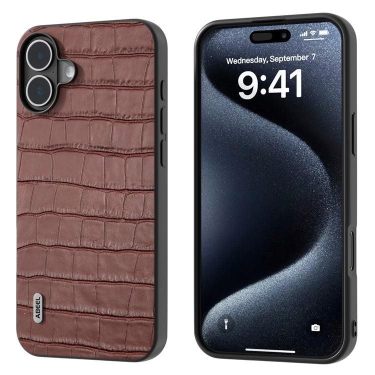 ABEEL For iPhone 16 Plus Cases Genuine Cow Leather+PC+TPU Drop-Proof Cell Phone Cover - Brown