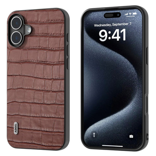 ABEEL For iPhone 16 Plus Cases Genuine Cow Leather+PC+TPU Drop-Proof Cell Phone Cover - Brown