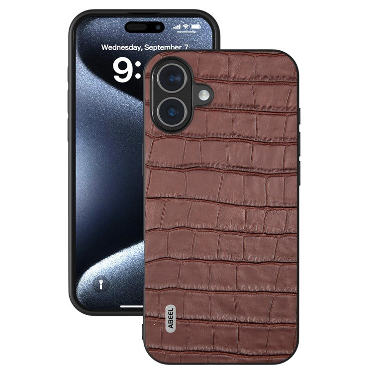ABEEL For iPhone 16 Plus Cases Genuine Cow Leather+PC+TPU Drop-Proof Cell Phone Cover - Brown