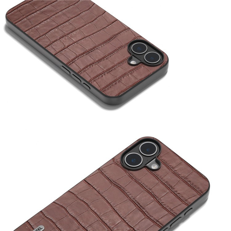 ABEEL For iPhone 16 Plus Cases Genuine Cow Leather+PC+TPU Drop-Proof Cell Phone Cover - Brown