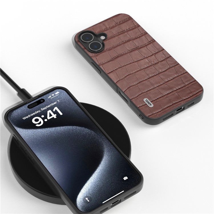 ABEEL For iPhone 16 Plus Cases Genuine Cow Leather+PC+TPU Drop-Proof Cell Phone Cover - Brown