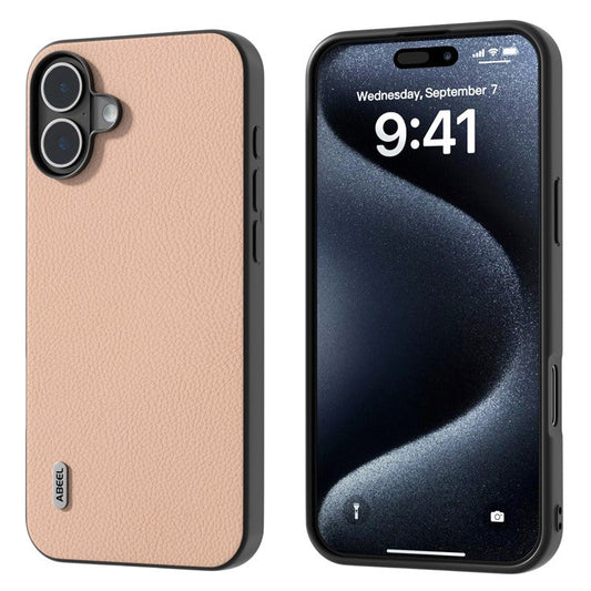 ABEEL For iPhone 16 Plus Cases Genuine Cow Leather+PC+TPU Phone Cover - Pink