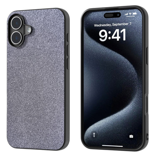 For iPhone 16 Plus Case Glitter Design PU+PC+TPU Protective Phone Cover - Black