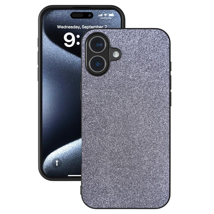 For iPhone 16 Plus Case Glitter Design PU+PC+TPU Protective Phone Cover - Black