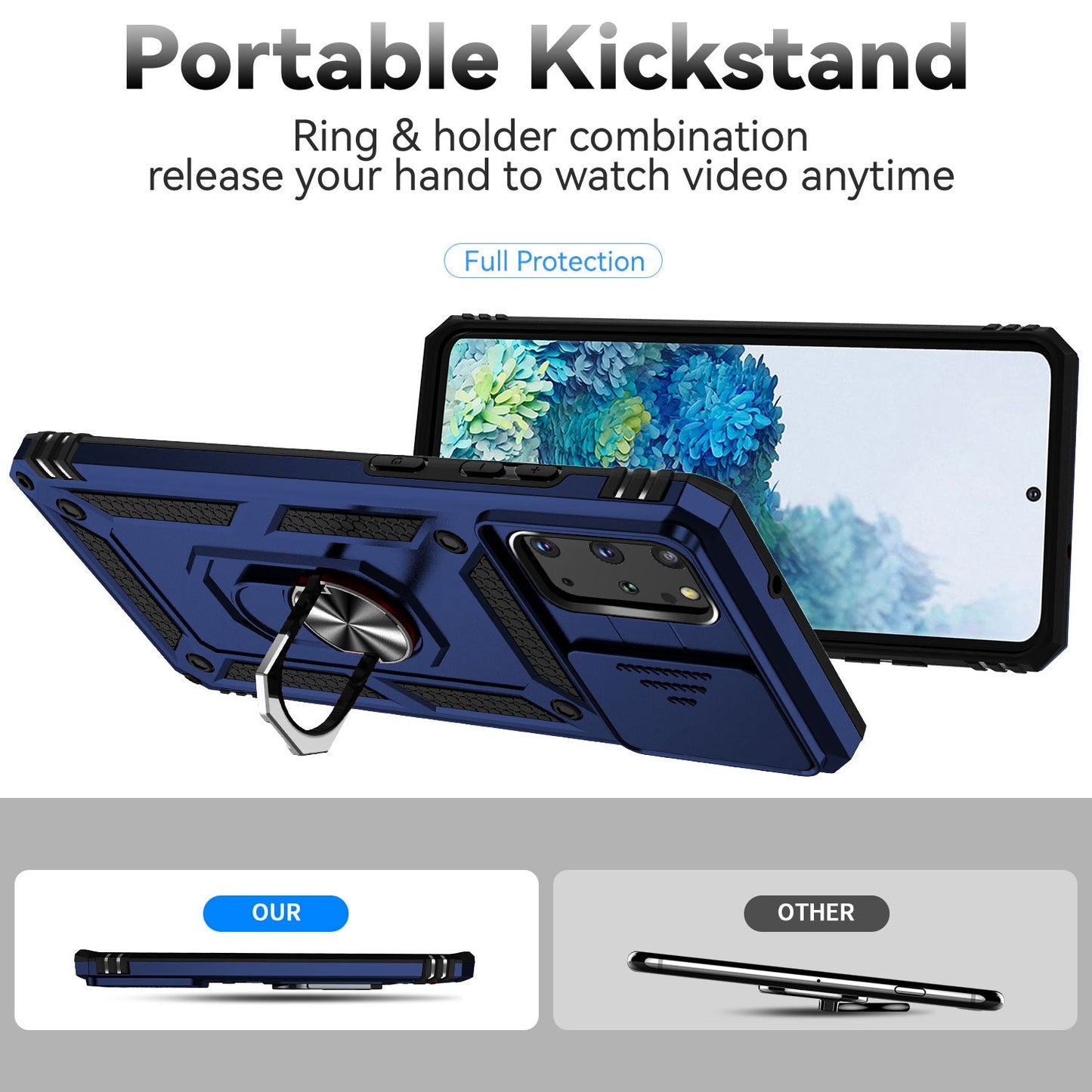 For Samsung Galaxy S20 Plus 4G / 5G Hard PC + Soft TPU Phone Case with Metal Ring Kickstand and Slide Camera Protection - Blue