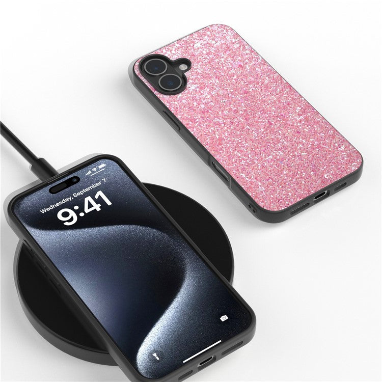 For iPhone 16 Case Glitter PU Covered PC+TPU Phone Shell - Deep Pink
