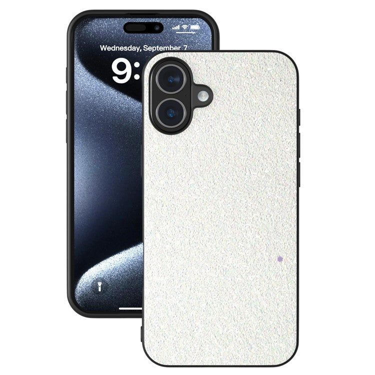 For iPhone 16 Case Glitter PU Covered PC+TPU Phone Shell - White