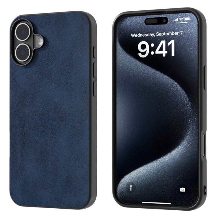 For iPhone 16 Case Cowhide Texture PU+TPU+PC Protective Phone Cover - Blue