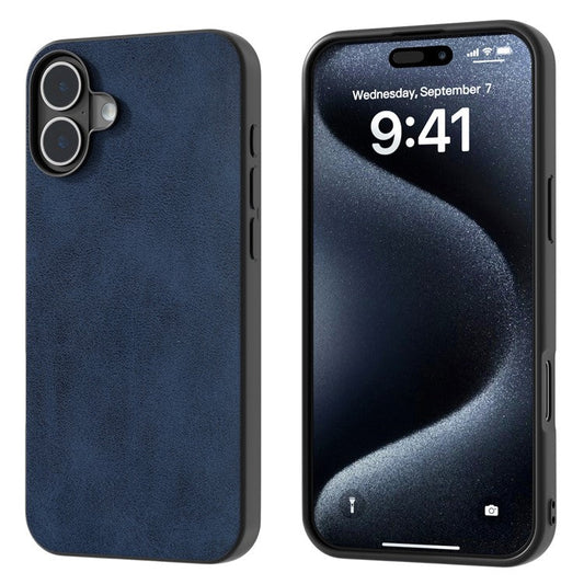 For iPhone 16 Case Cowhide Texture PU+TPU+PC Protective Phone Cover - Blue