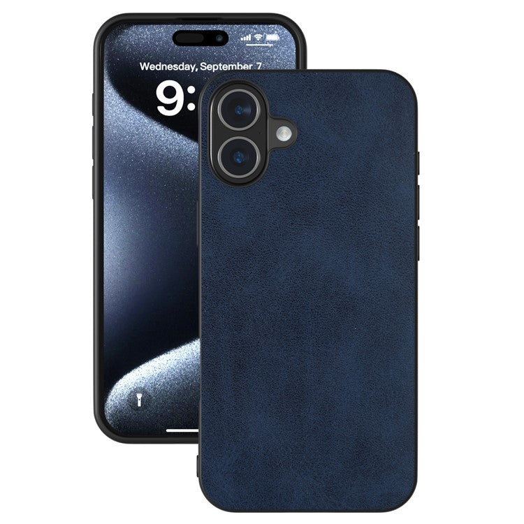 For iPhone 16 Case Cowhide Texture PU+TPU+PC Protective Phone Cover - Blue