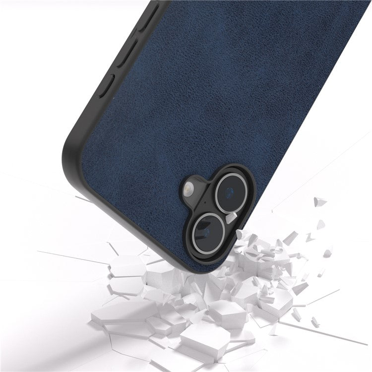 For iPhone 16 Case Cowhide Texture PU+TPU+PC Protective Phone Cover - Blue