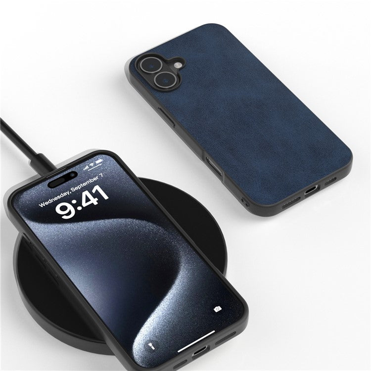 For iPhone 16 Case Cowhide Texture PU+TPU+PC Protective Phone Cover - Blue