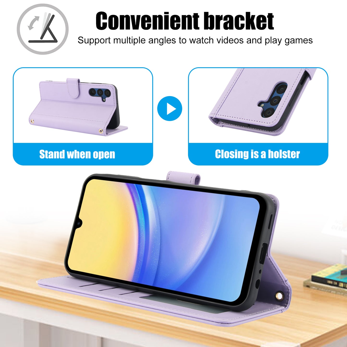 SY-003 For Samsung Galaxy A16 5G / A16 4G Case PU Leather Stand View Phone Wallet Cover with Hand Strap - Purple