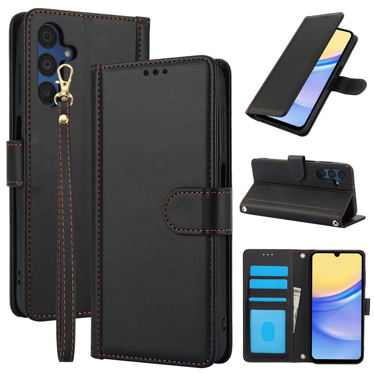 SY-003 For Samsung Galaxy A16 5G / A16 4G Case PU Leather Stand View Phone Wallet Cover with Hand Strap - Black