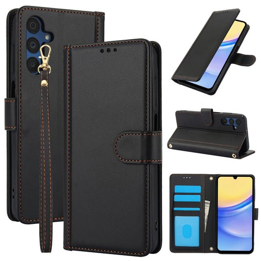 SY-003 For Samsung Galaxy A16 5G / A16 4G Case PU Leather Stand View Phone Wallet Cover with Hand Strap - Black