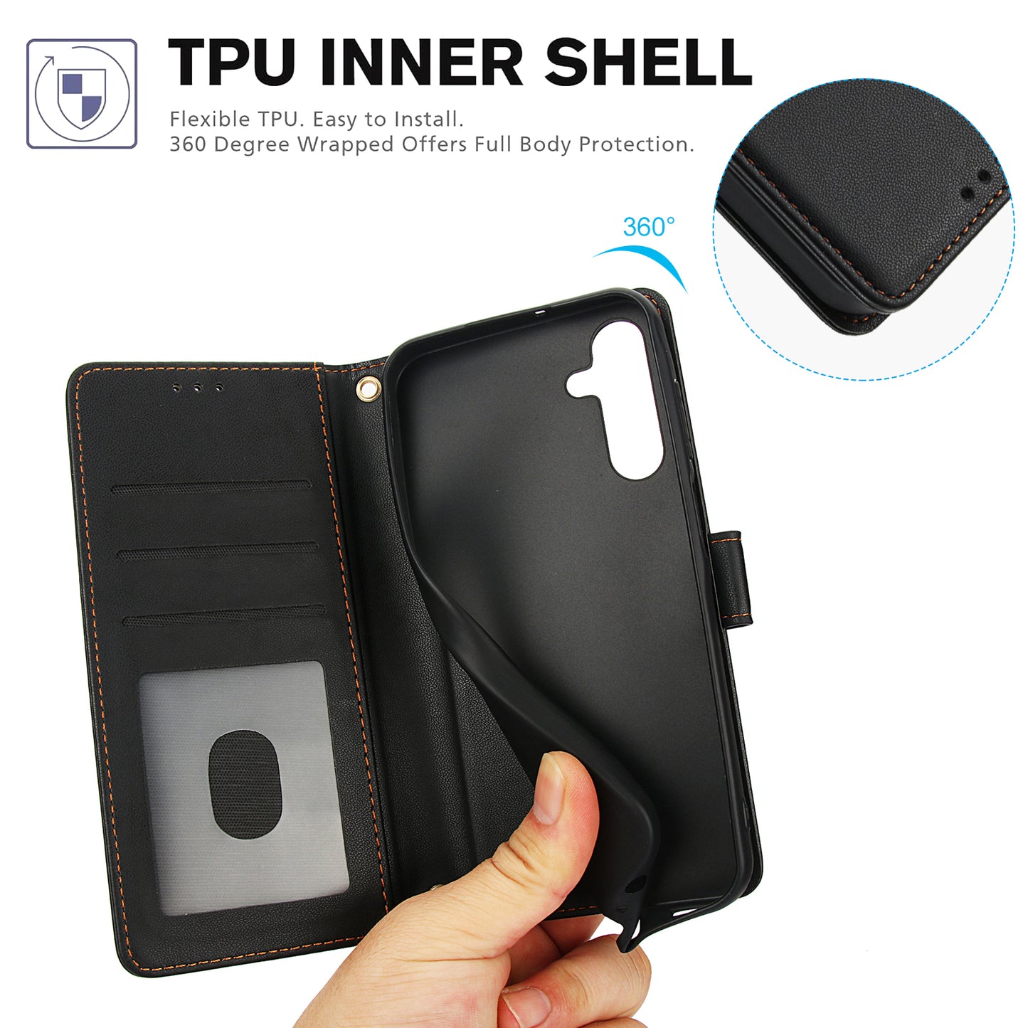 SY-003 For Samsung Galaxy A16 5G / A16 4G Case PU Leather Stand View Phone Wallet Cover with Hand Strap - Black
