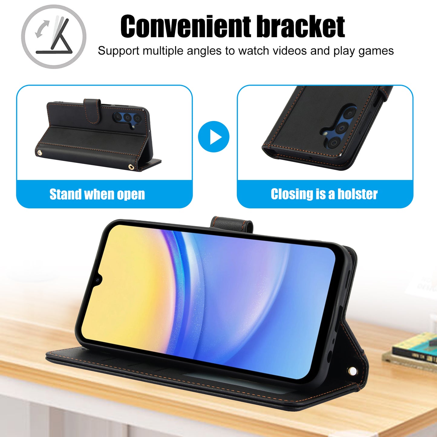 SY-003 For Samsung Galaxy A16 5G / A16 4G Case PU Leather Stand View Phone Wallet Cover with Hand Strap - Black