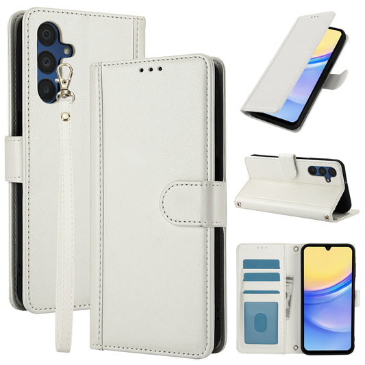 SY-003 For Samsung Galaxy A16 5G / A16 4G Case PU Leather Stand View Phone Wallet Cover with Hand Strap - White