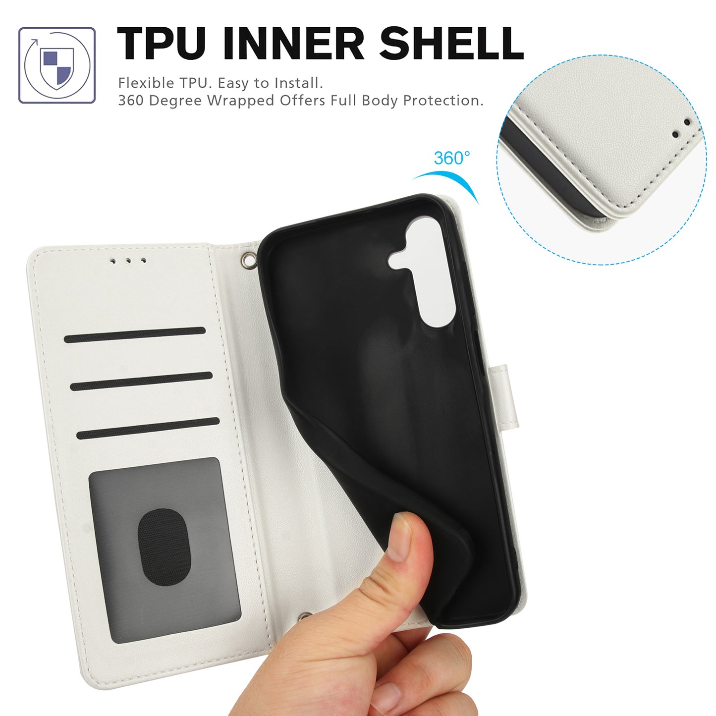 SY-003 For Samsung Galaxy A16 5G / A16 4G Case PU Leather Stand View Phone Wallet Cover with Hand Strap - White