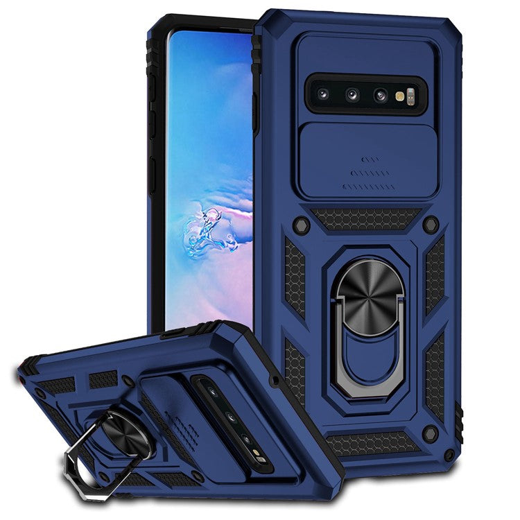 Slide Camera Protector Phone Case for Samsung Galaxy S10 Plus, PC + TPU Anti-drop Cover with Metal Ring Kickstand - Blue