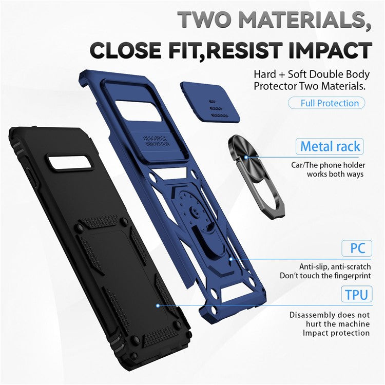 Slide Camera Protector Phone Case for Samsung Galaxy S10 Plus, PC + TPU Anti-drop Cover with Metal Ring Kickstand - Blue
