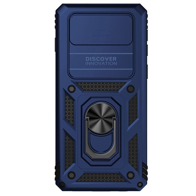 Slide Camera Protector Phone Case for Samsung Galaxy S10 Plus, PC + TPU Anti-drop Cover with Metal Ring Kickstand - Blue