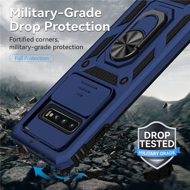 Slide Camera Protector Phone Case for Samsung Galaxy S10 Plus, PC + TPU Anti-drop Cover with Metal Ring Kickstand - Blue