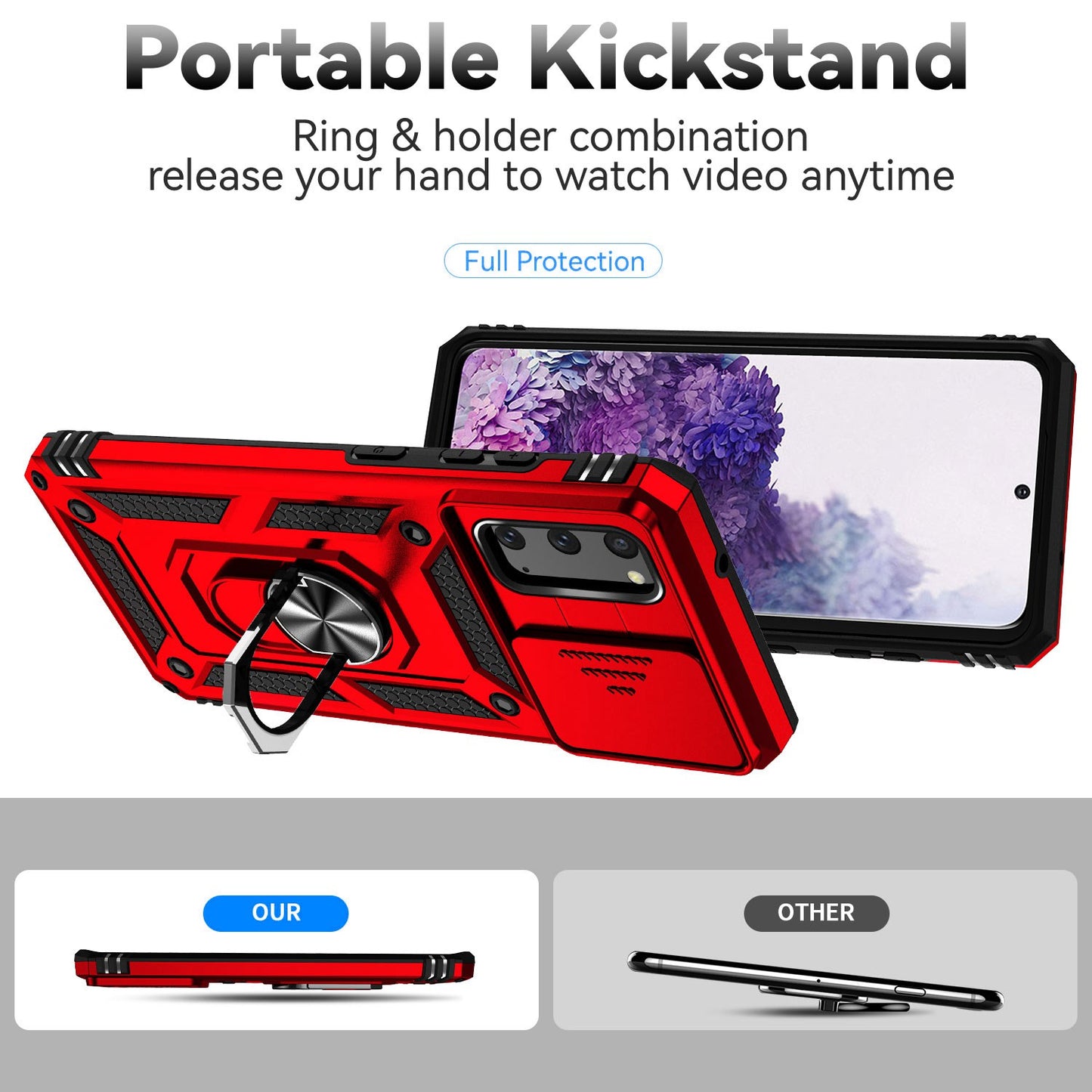 Metal Ring Kickstand Case for Samsung Galaxy S20 4G / 5G, Slide Camera Protection PC + TPU Dual Layer Phone Cover - Red