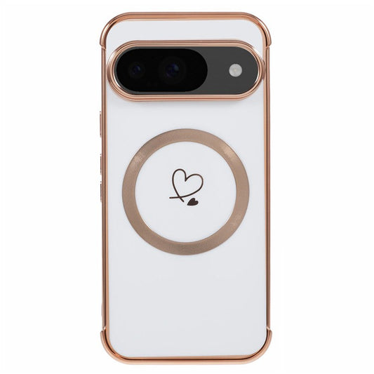 For Google Pixel 9 / Pixel 9 Pro Case Compatible with MagSafe Electroplated TPU Phone Cover Hollow Love Hearts - Ivory White