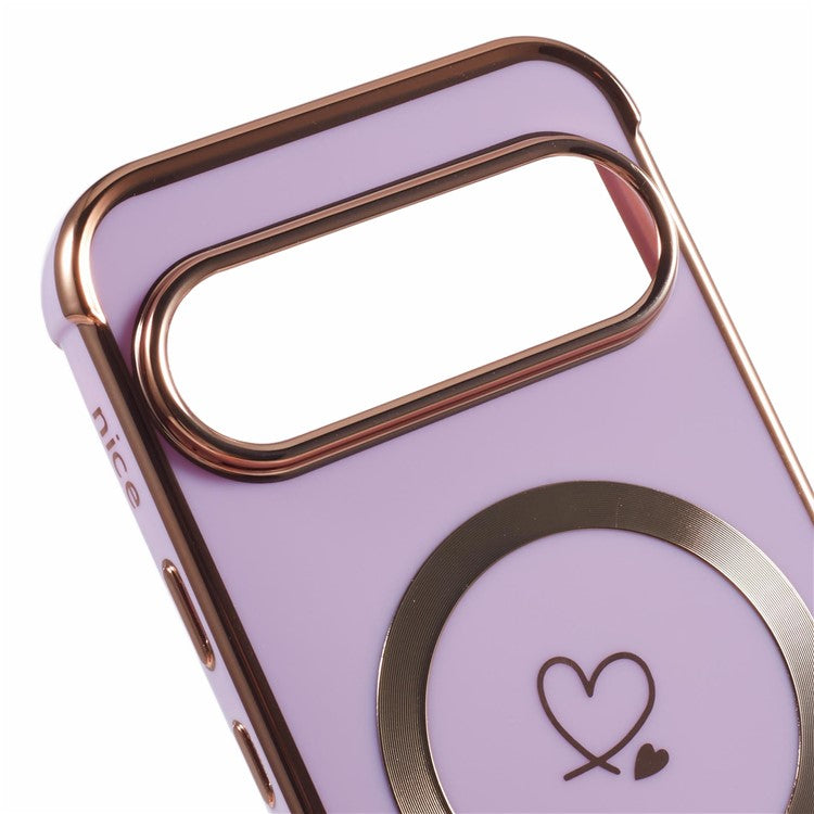 For Google Pixel 9 / Pixel 9 Pro Case Compatible with MagSafe Electroplated TPU Phone Cover Hollow Love Hearts - Purple