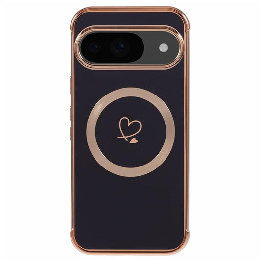 For Google Pixel 9 / Pixel 9 Pro Case Compatible with MagSafe Electroplated TPU Phone Cover Hollow Love Hearts - Black