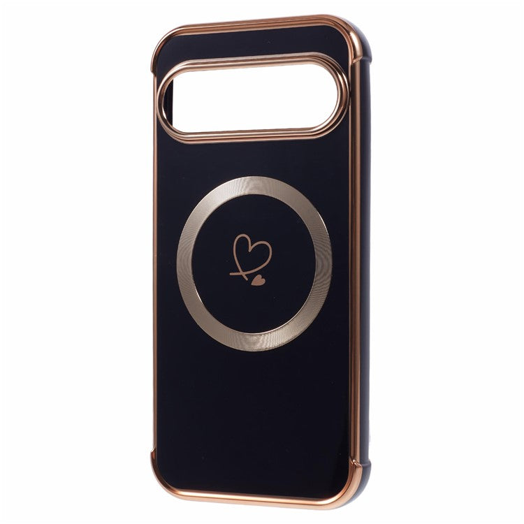 For Google Pixel 9 / Pixel 9 Pro Case Compatible with MagSafe Electroplated TPU Phone Cover Hollow Love Hearts - Black