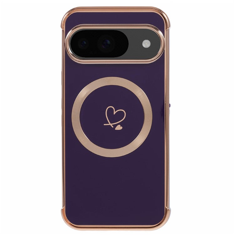 For Google Pixel 9 / Pixel 9 Pro Case Compatible with MagSafe Electroplated TPU Phone Cover Hollow Love Hearts - Dark Purple