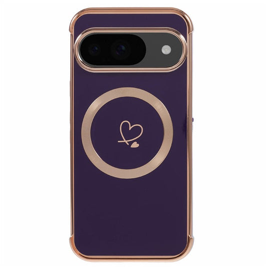 For Google Pixel 9 / Pixel 9 Pro Case Compatible with MagSafe Electroplated TPU Phone Cover Hollow Love Hearts - Dark Purple