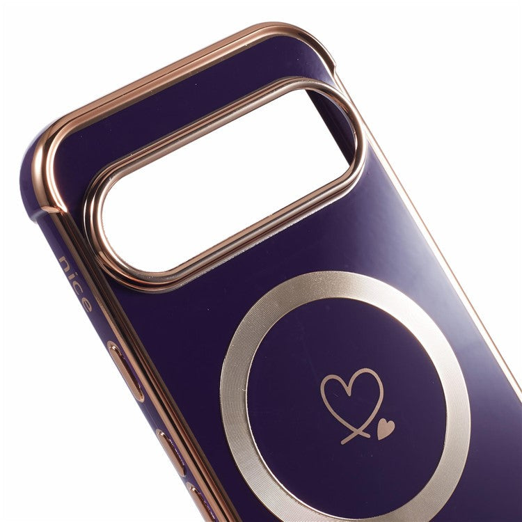 For Google Pixel 9 / Pixel 9 Pro Case Compatible with MagSafe Electroplated TPU Phone Cover Hollow Love Hearts - Dark Purple