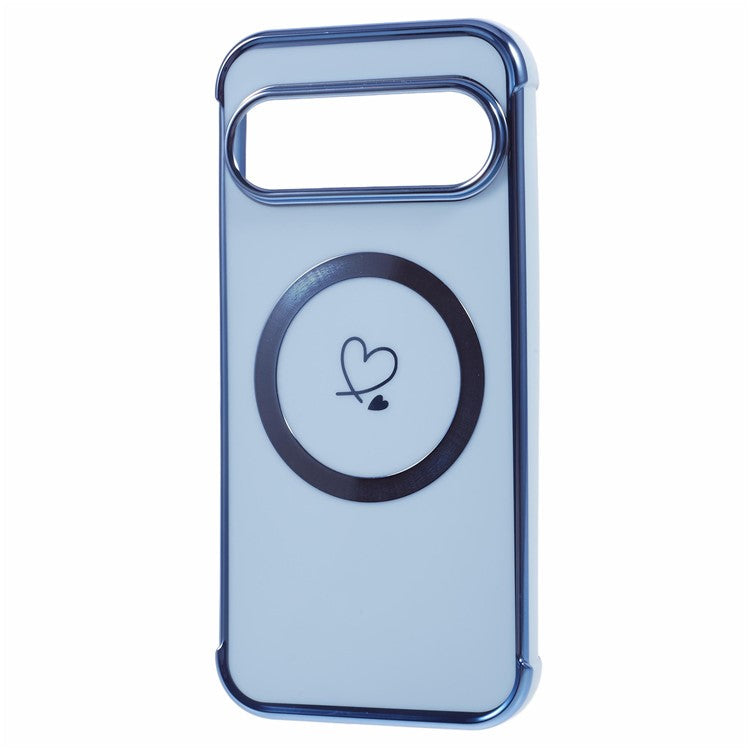 For Google Pixel 9 / Pixel 9 Pro Case Compatible with MagSafe Electroplated TPU Phone Cover Hollow Love Hearts - Blue