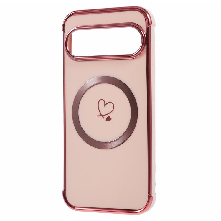 For Google Pixel 9 / Pixel 9 Pro Case Compatible with MagSafe Electroplated TPU Phone Cover Hollow Love Hearts - Rose Pink