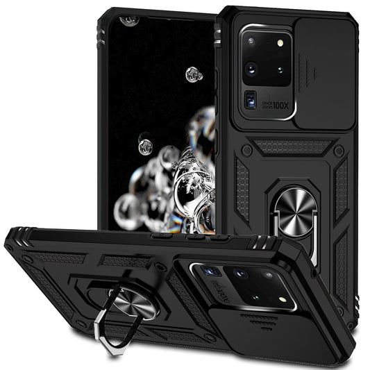 Hard PC + Soft TPU Phone Case for Samsung Galaxy S20 Ultra, Metal Ring Kickstand Anti-drop Cover with Slide Camera Protection - Black