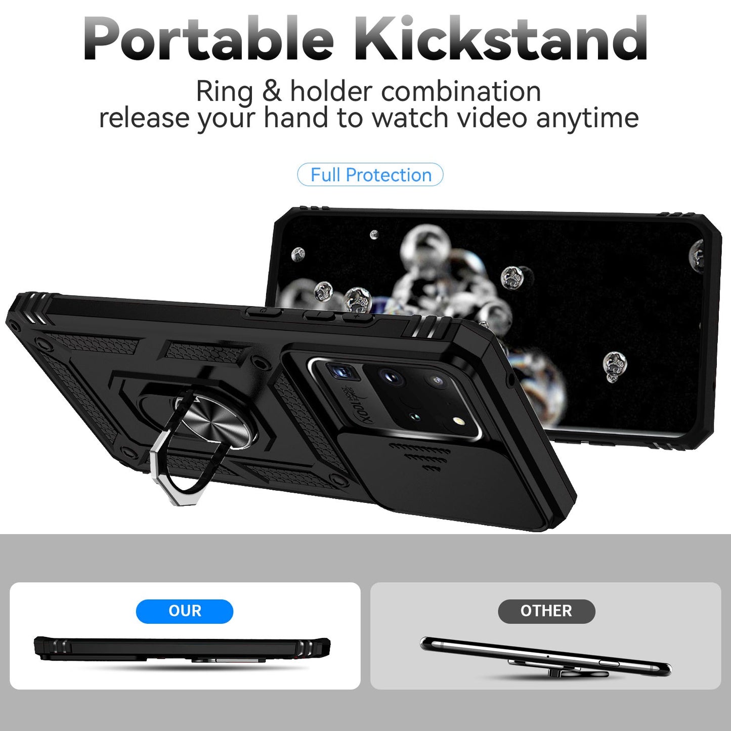 Hard PC + Soft TPU Phone Case for Samsung Galaxy S20 Ultra, Metal Ring Kickstand Anti-drop Cover with Slide Camera Protection - Black