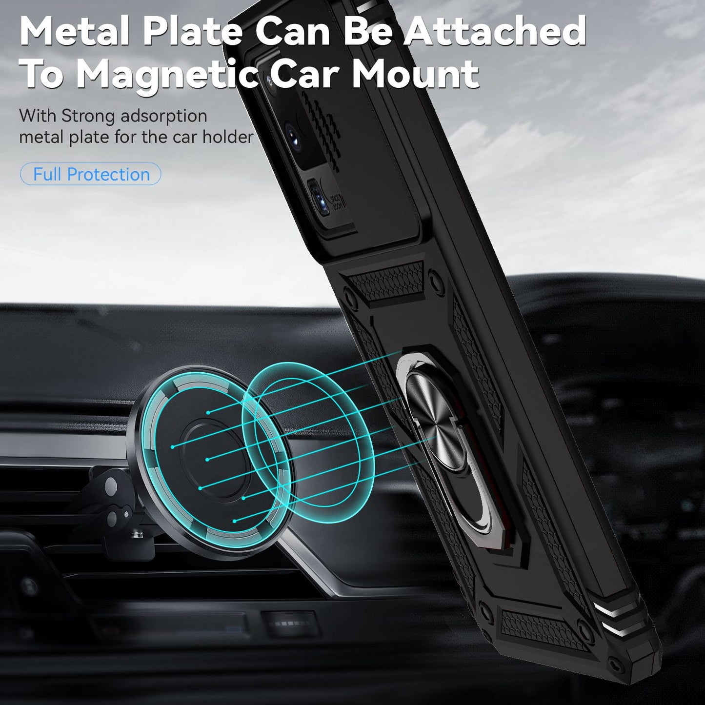 Hard PC + Soft TPU Phone Case for Samsung Galaxy S20 Ultra, Metal Ring Kickstand Anti-drop Cover with Slide Camera Protection - Black