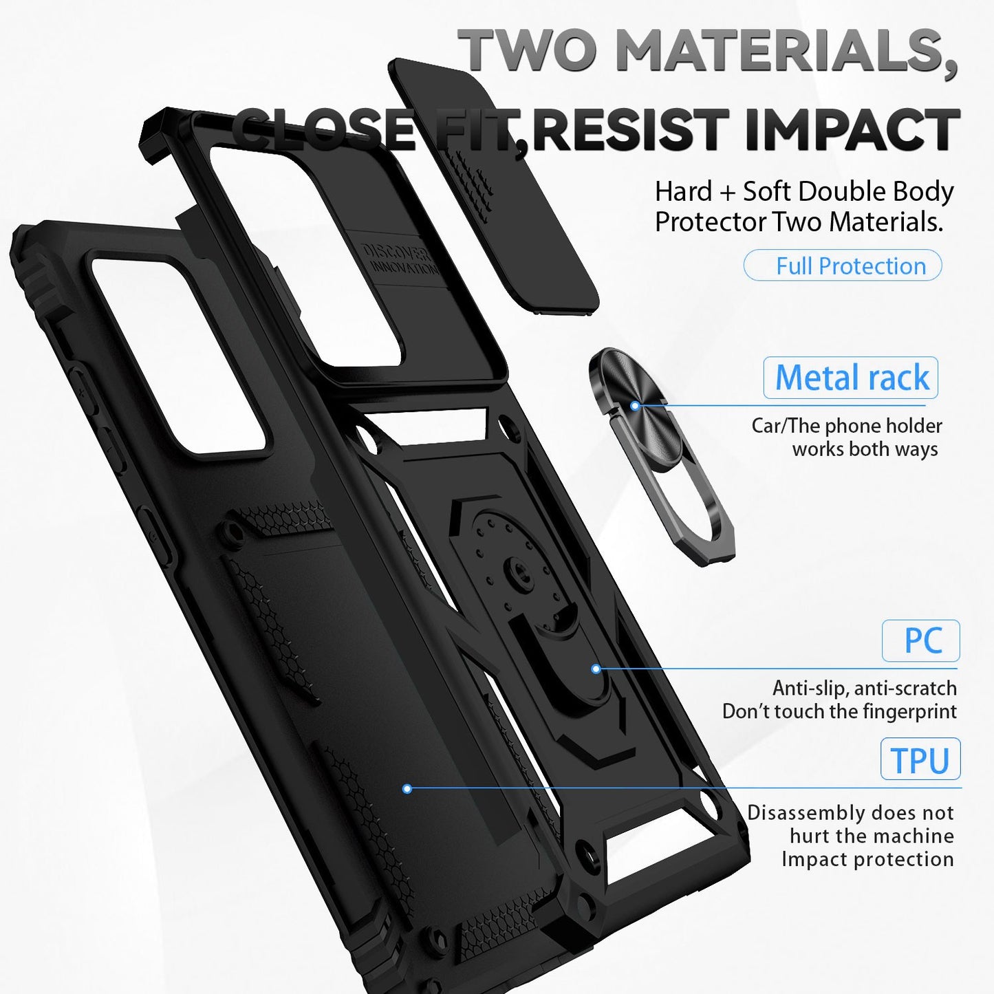 Hard PC + Soft TPU Phone Case for Samsung Galaxy S20 Ultra, Metal Ring Kickstand Anti-drop Cover with Slide Camera Protection - Black